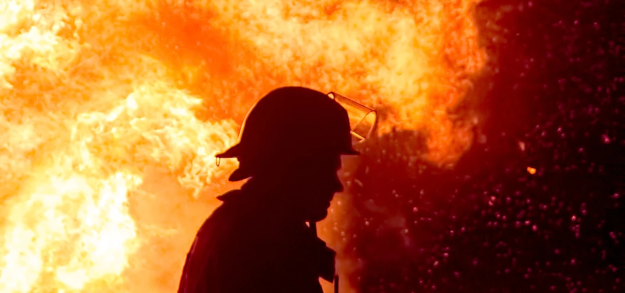 Die Silhouette eines Feuerwehrmannes vor einem Meer aus Flammen